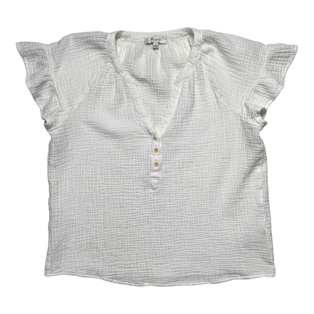 Madewell White Lightspun Ruffle-Sleeve Henley Top Size Medium